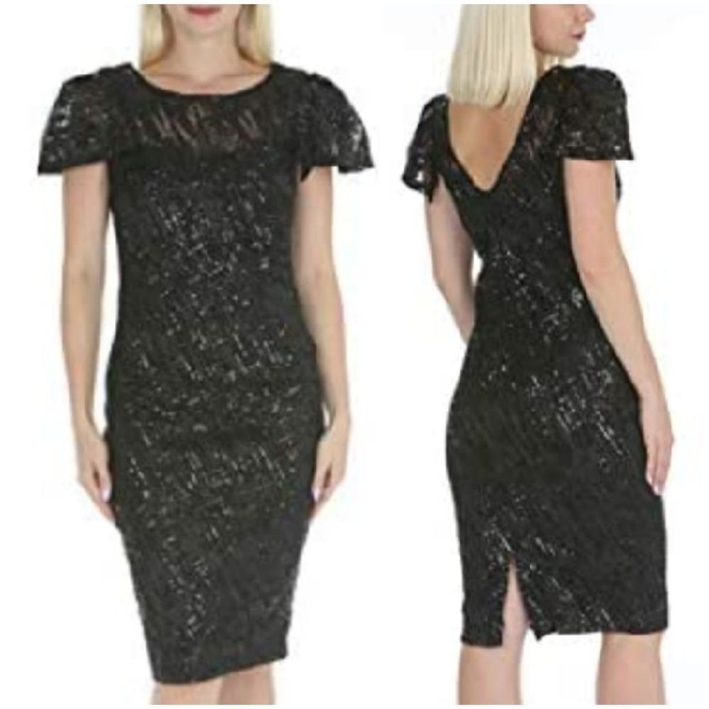 Marina Women’s Flare Sleeve Crew Neck Embroidered Sheath Sequin black dr…